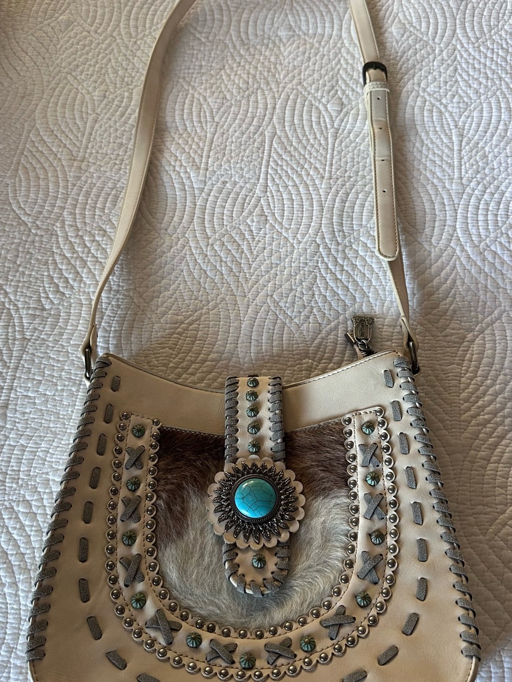 Cream Shoulder Bag with Turquoise Concho Accent